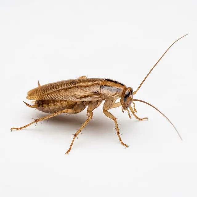 Cucaracha alemana adulta de color café claro con dos rayas oscuras detrás de la cabeza