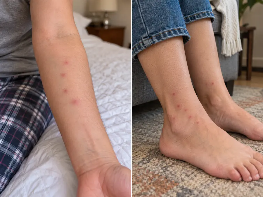 Comparación fotográfica de ronchas alineadas en el brazo y ronchas dispersas alrededor de los tobillos